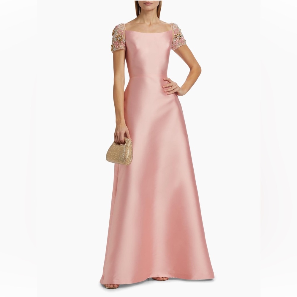 Reem Acra Embellished-Sleeve Satin A-Line Gown